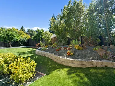 Private backyard with patio and fruit trees